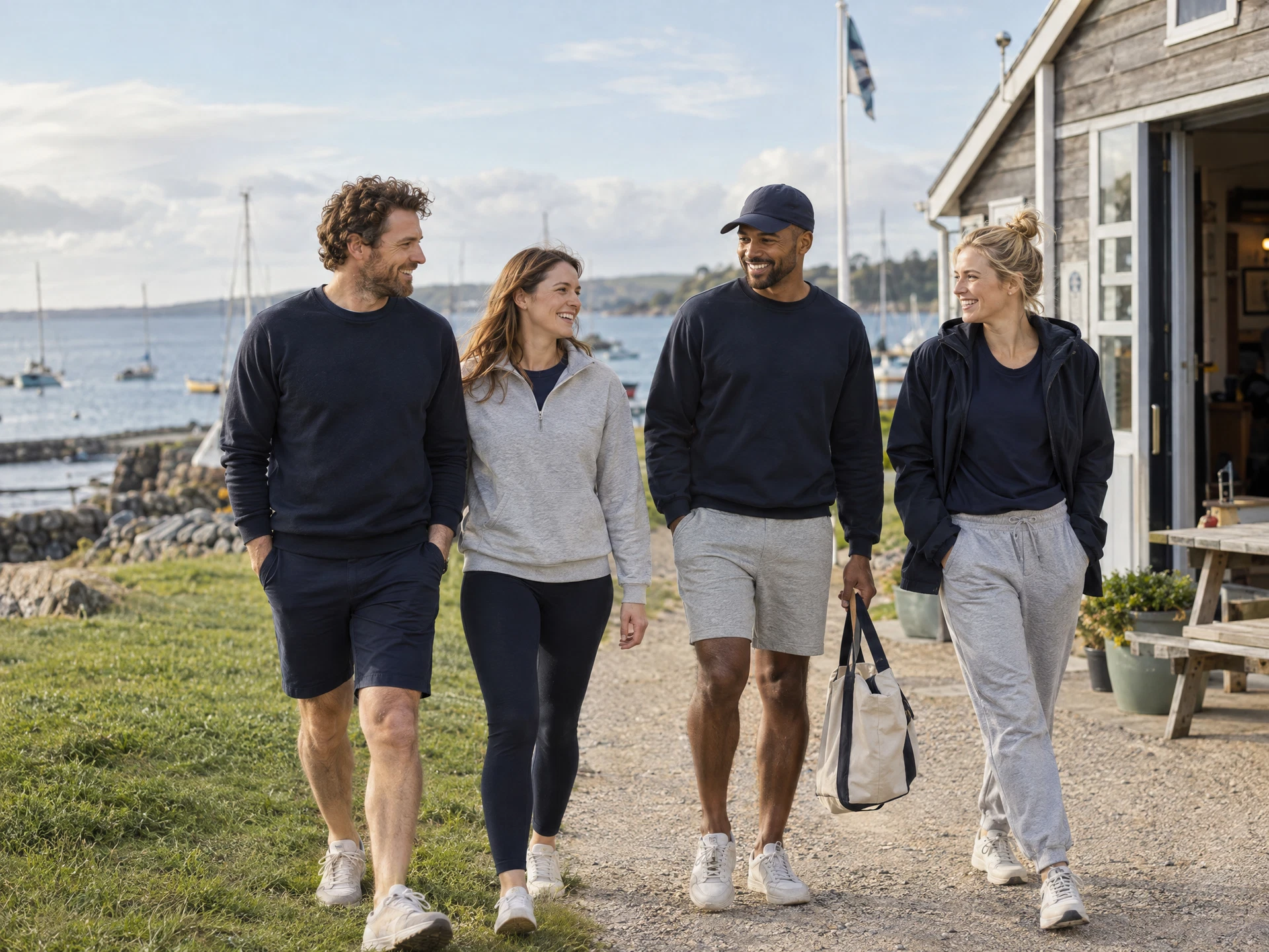 Illustrative sporting friends beside a coastal club